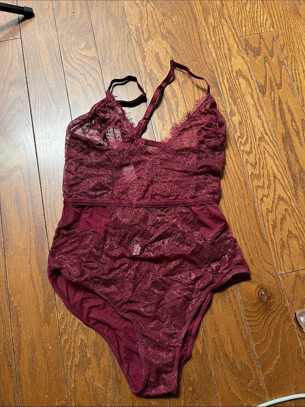 Gilligan & O'Malley Burgundy Lace Plunge Chemise Bodysuit